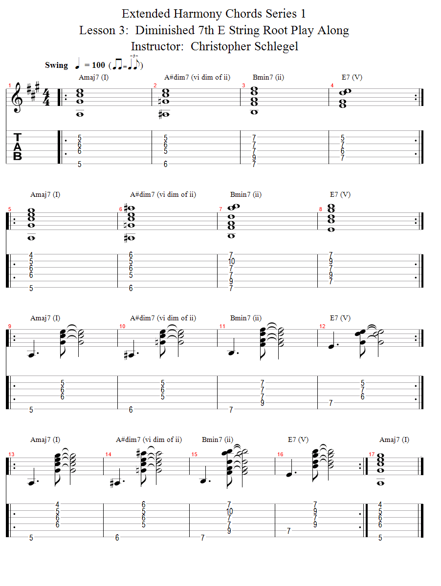 Diminished 7th Chord E String Root Play Along song notation
