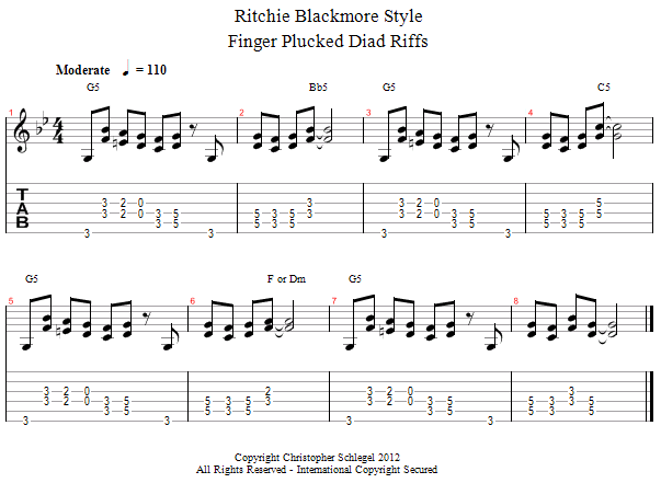 Finger Plucked Diad Riffs song notation