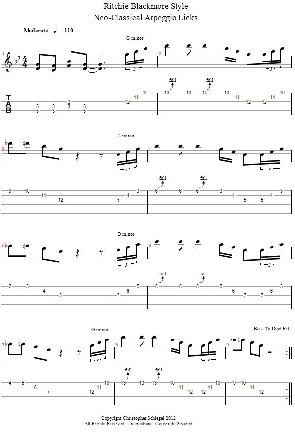 Bluesy Minor Triad Sweeping song notation