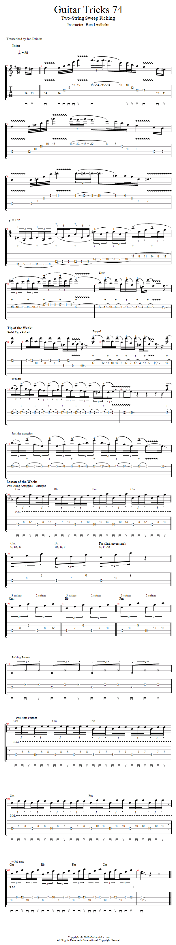 Guitar Tricks 74: 2-String Sweeps song notation