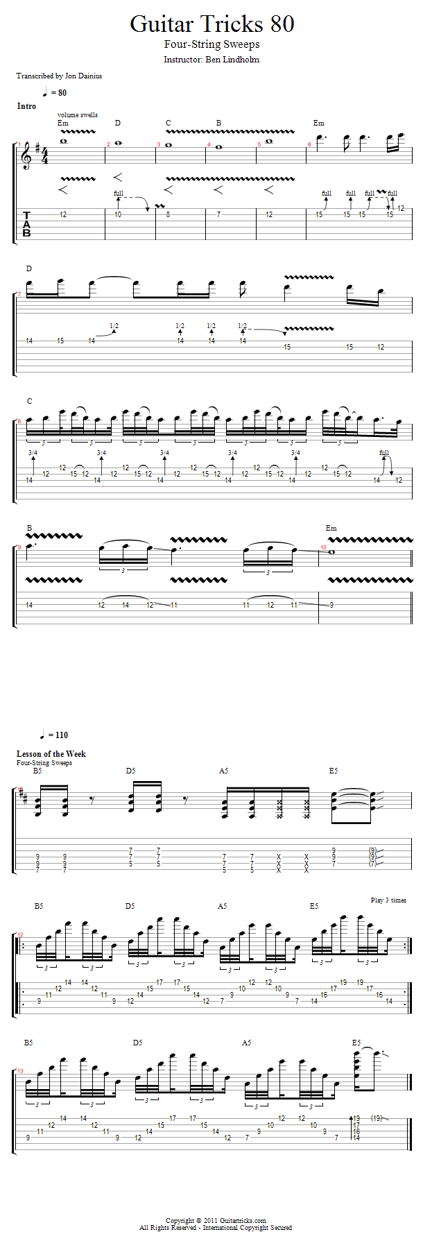 Guitar Tricks 80: 4-String Sweeps song notation