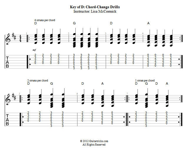 Key of D: Chord-Change Drills song notation
