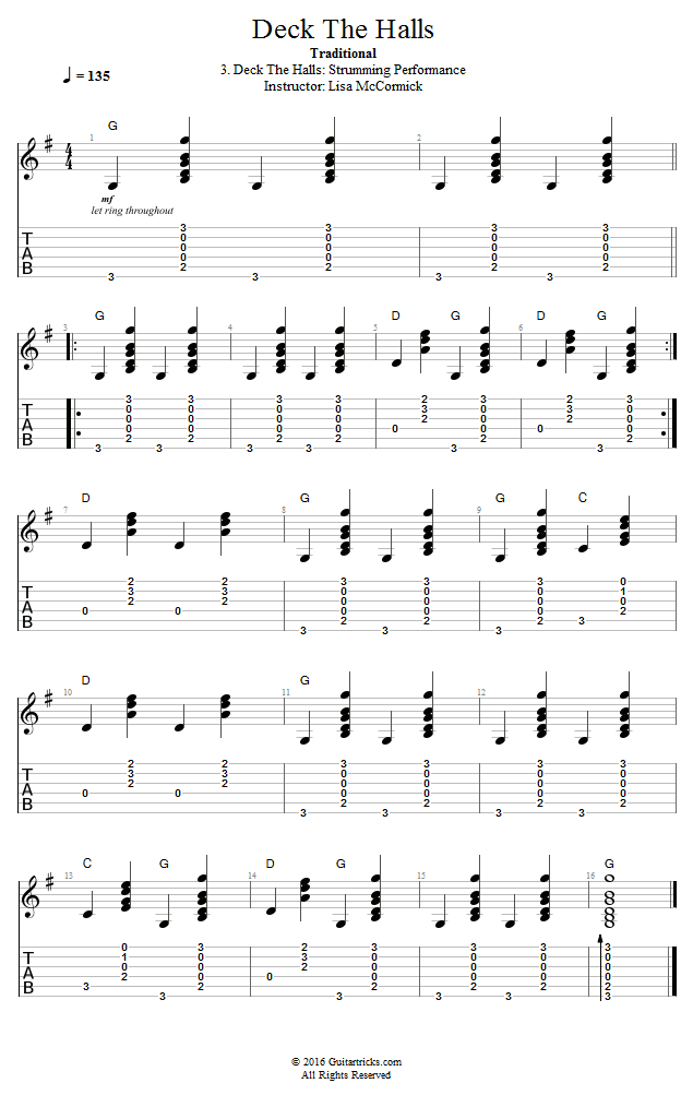 Deck The Halls: Strumming Performance song notation