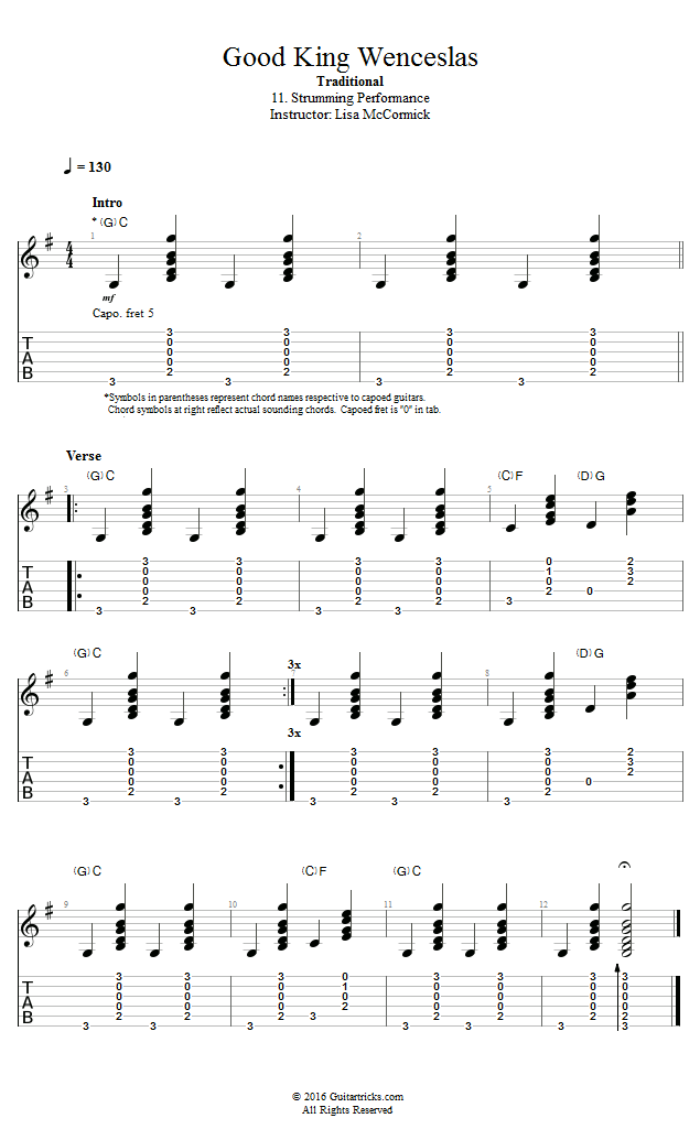 Good King Wenceslas: Strumming Performance song notation