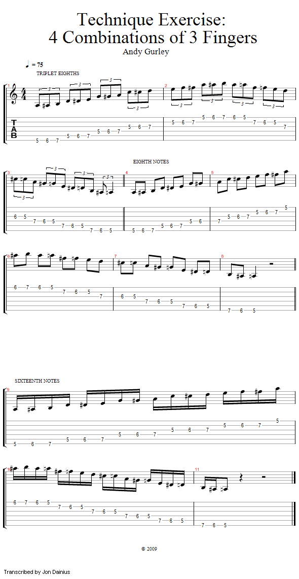 4 Combinations of 3 Fingers song notation