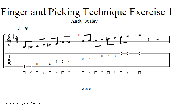 Finger and Picking Technique Exercise 1 song notation