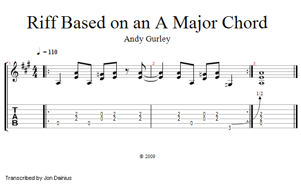 Riff Based on an A Major Chord song notation