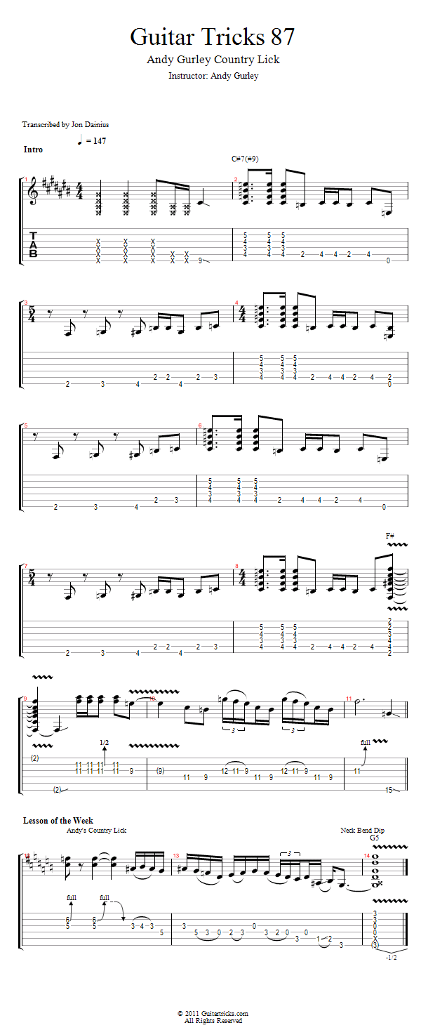 Guitar Tricks 87: Andy Gurley Country Lick song notation