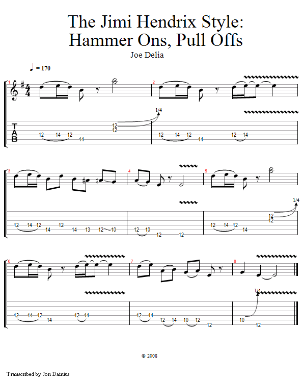 Hendrix Style: Hammer Ons, Pull Offs song notation
