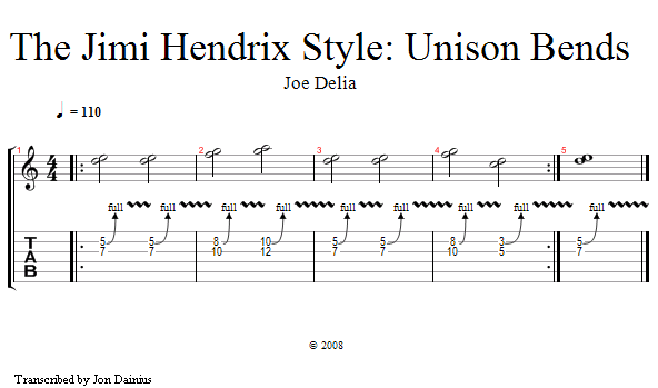 Hendrix Style: Unison Bends song notation