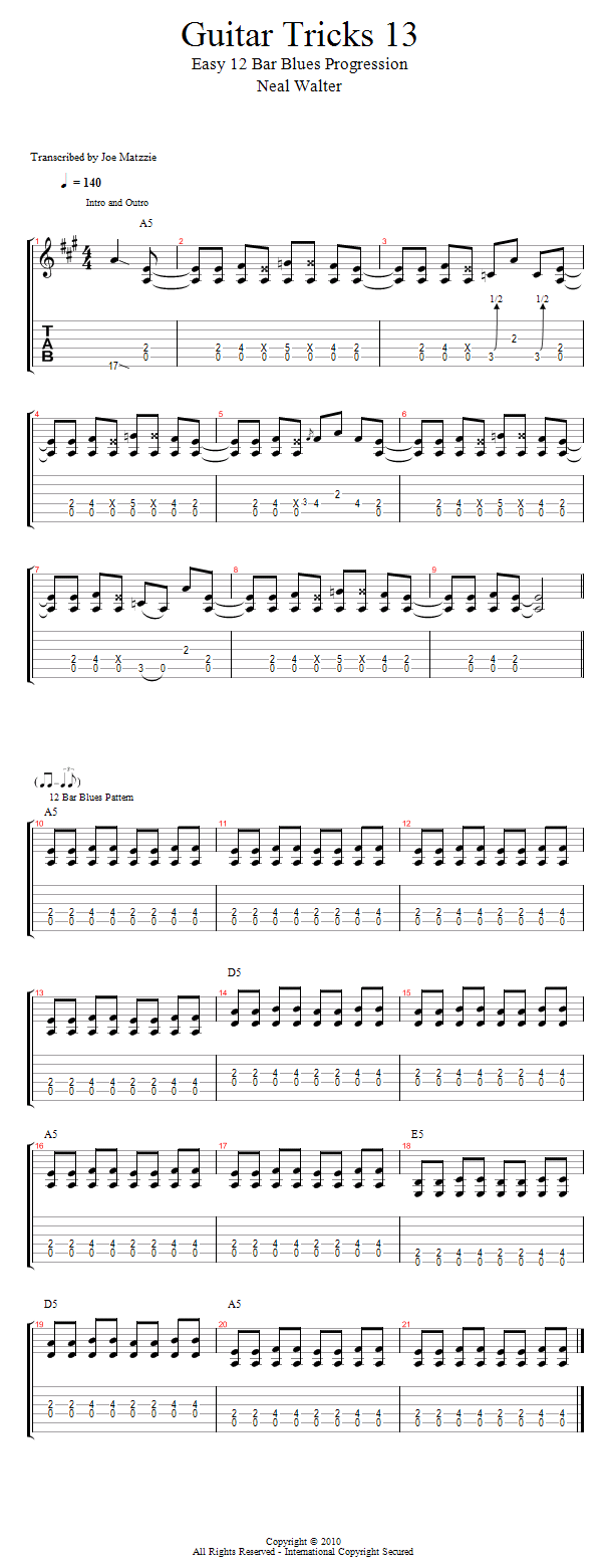 Guitar Tricks 13: Easy 12 Bar Blues Progression song notation