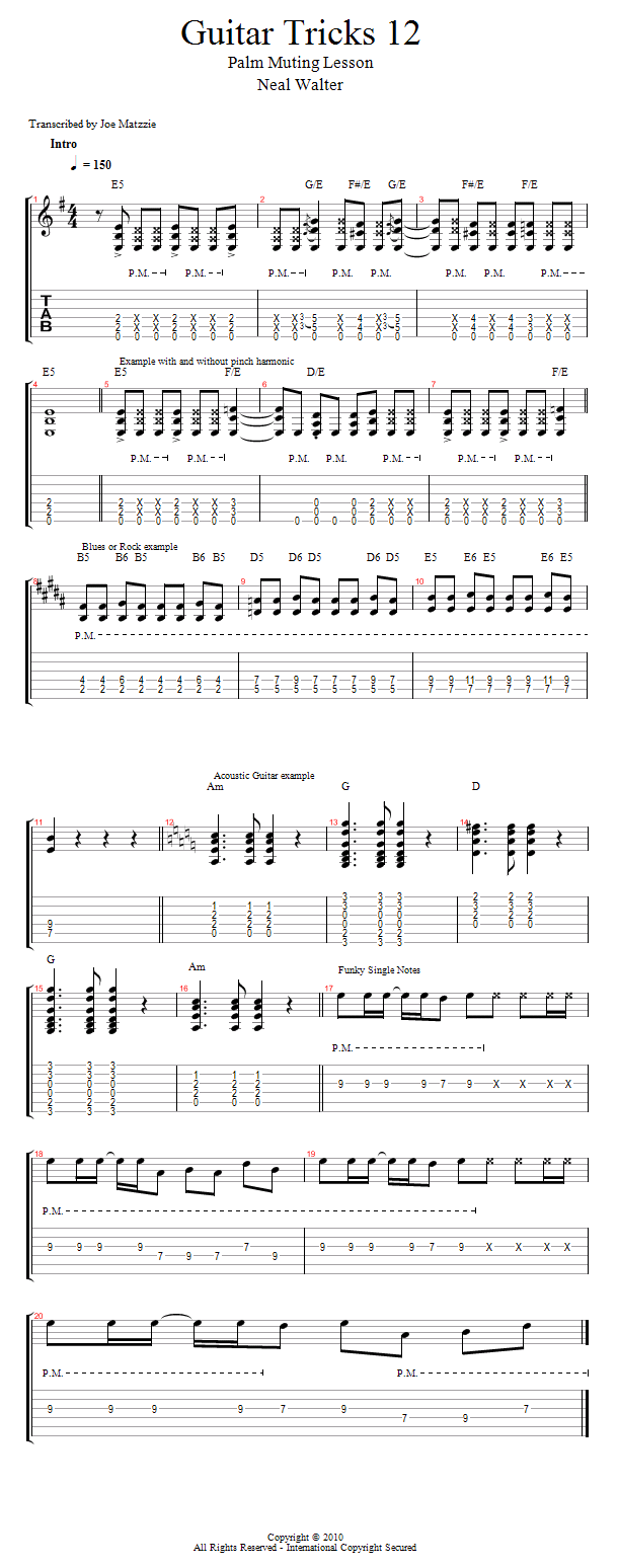Guitar Tricks 12: Palm Muting Lesson song notation