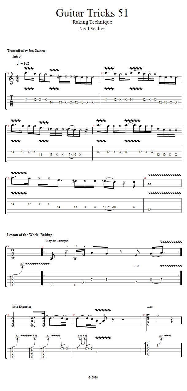 Guitar Tricks 51: Raking Technique song notation