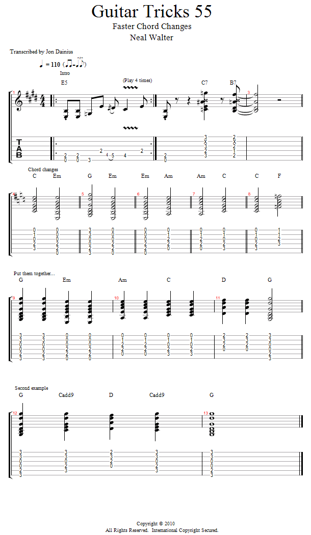 Guitar Tricks 55: Faster Chord Changes song notation