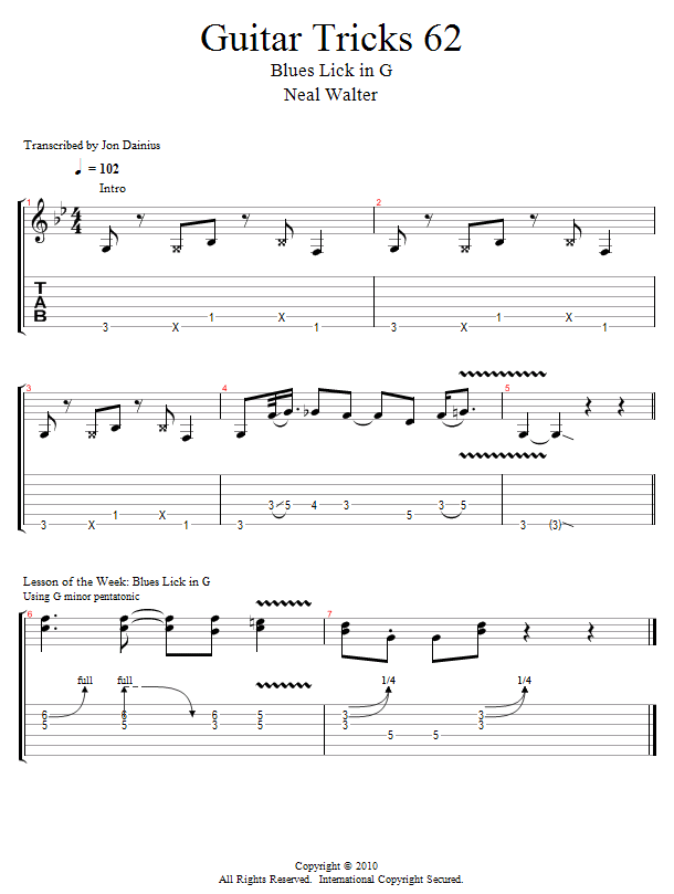 Guitar Tricks 62: Blues Lick in G song notation