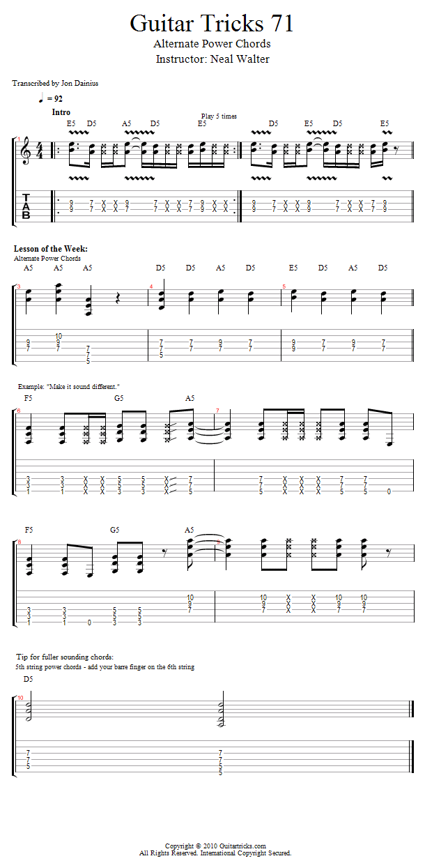 Guitar Tricks 71: Alternate Power Chords song notation
