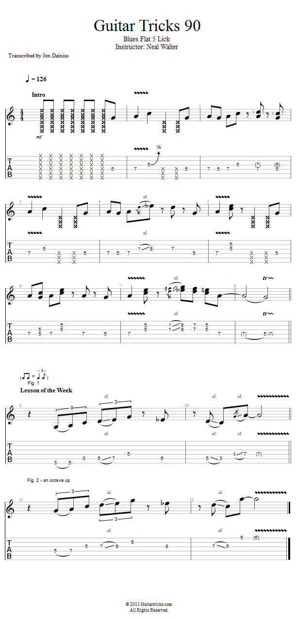 Guitar Tricks 90: Blues Flat 5 Lick song notation