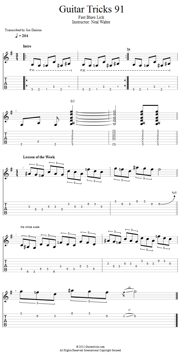 Guitar Tricks 91: Fast Blues Lick song notation