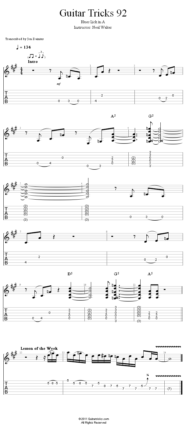 Guitar Tricks 92: Blues Lick in A song notation
