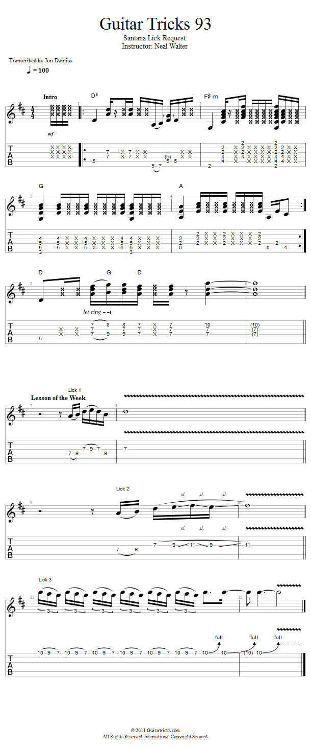 Guitar Tricks 93: Santana Lick Request song notation