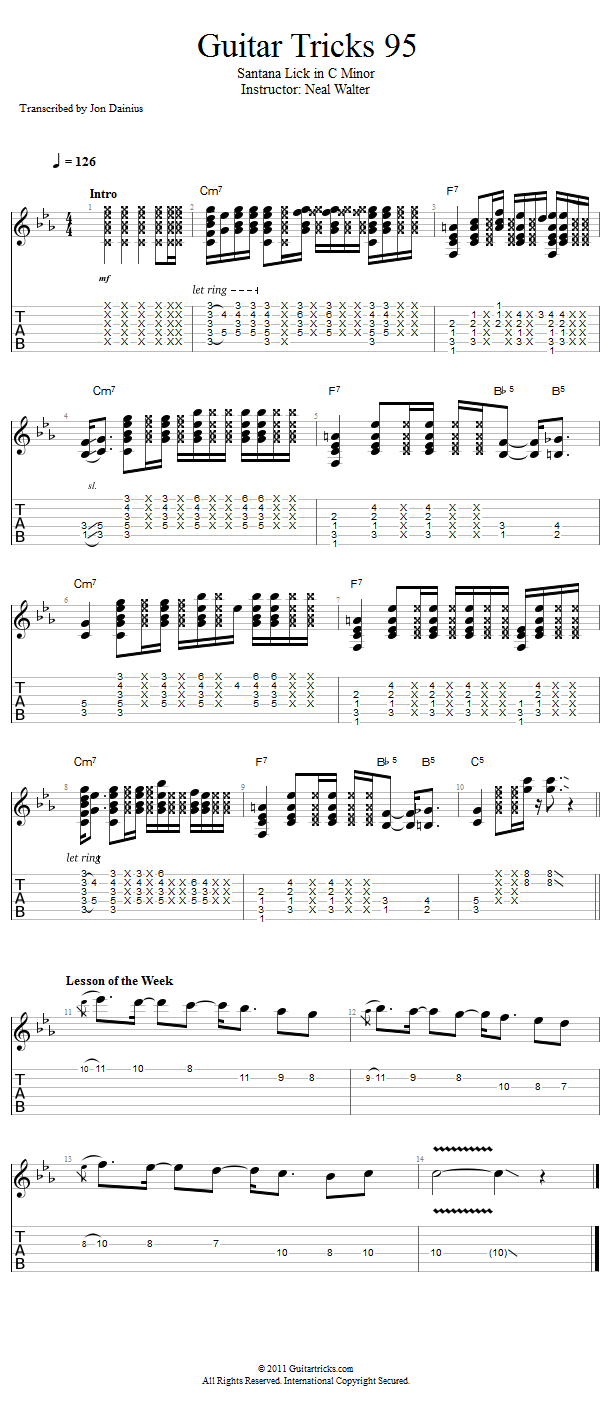 Guitar Tricks 95: Santana Lick in C Minor song notation