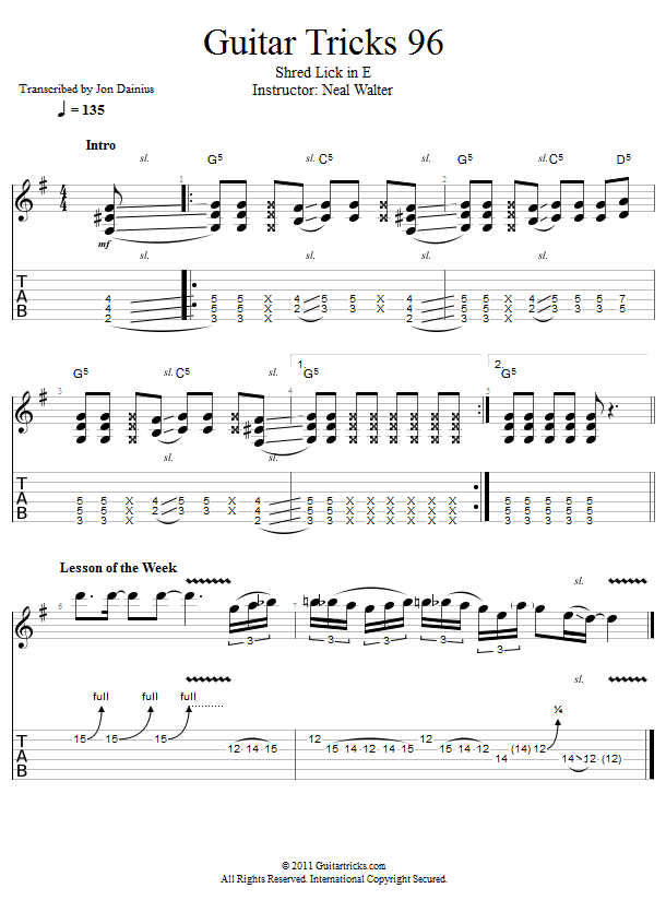 Guitar Tricks 96: Shred Lick in E song notation