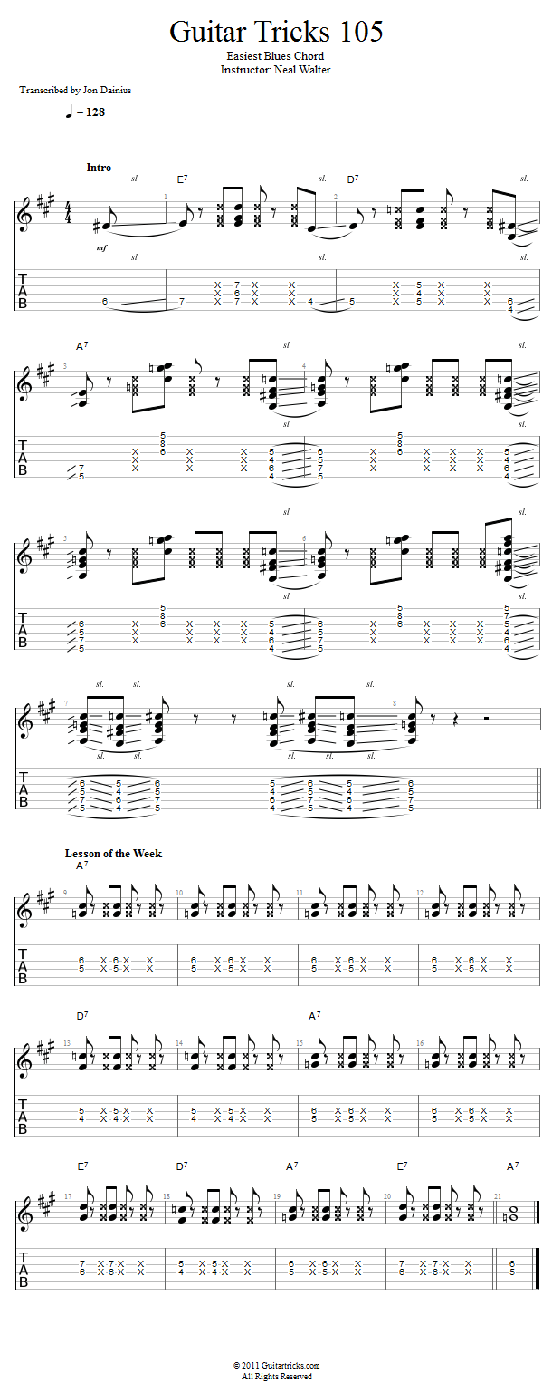 Guitar Tricks 105: Easiest Blues Chord song notation