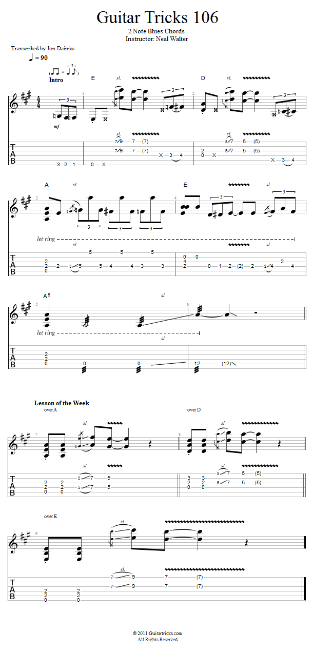 Guitar Tricks 106: 2 Note Blues Chords song notation