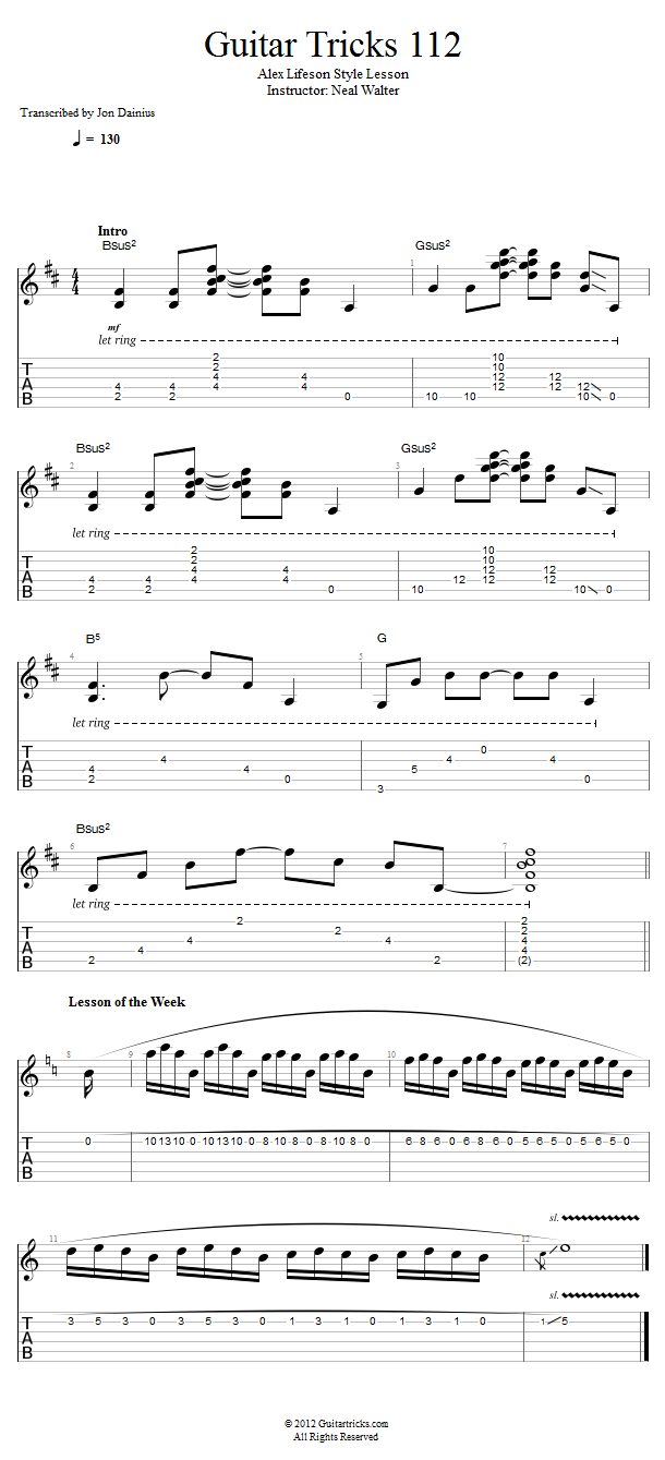 Guitar Tricks 112: Alex Lifeson Style Lesson song notation