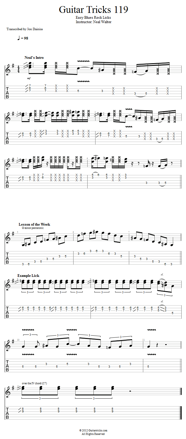 Guitar Tricks 119: Easy Blues Rock Licks song notation