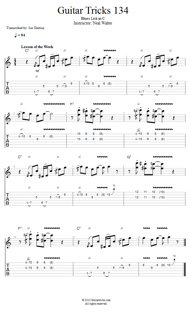 Guitar Tricks 134: Blues Lick in C song notation