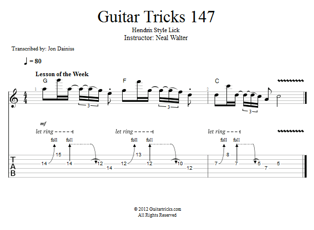 Guitar Tricks 147: Hendrix Style Lick song notation