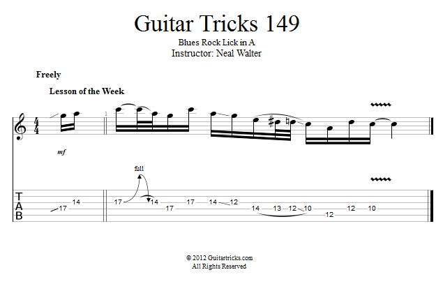 Guitar Tricks 149: Blues Rock Lick in A  song notation