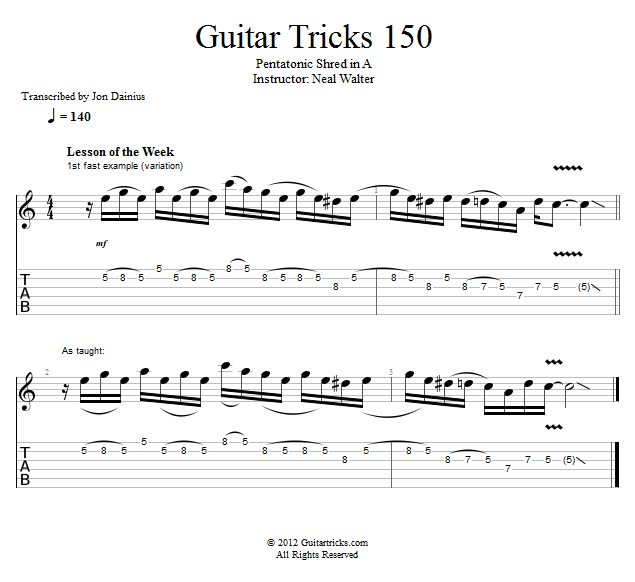 Guitar Tricks 150: Pentatonic Shred in A song notation