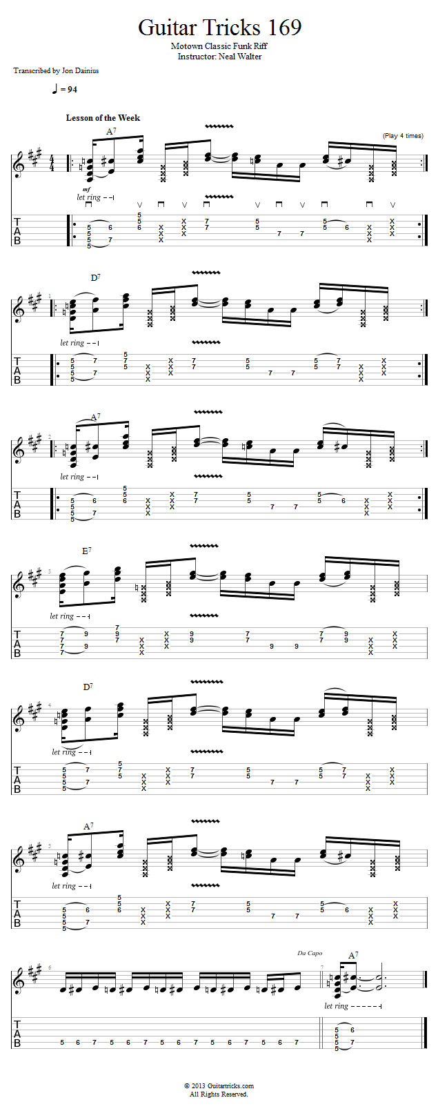 Guitar Tricks 169: Motown Classic Funk Riff  song notation
