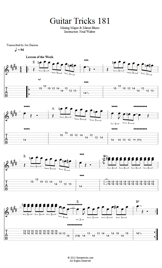 Guitar Tricks 181 Mixing Major & Minor Blues song notation