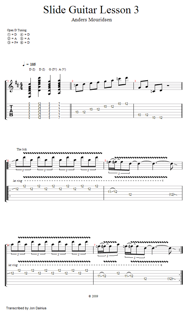 Lesson 3: Open D Tuning song notation