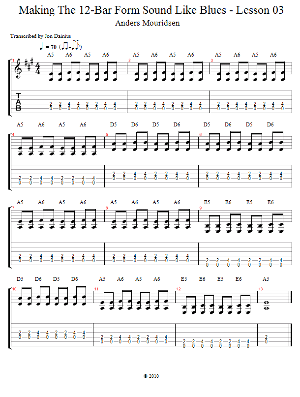 Classic Blues Riff in the 12 Bar Form song notation