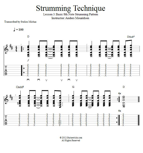 Basic 8th Note Strumming Pattern song notation