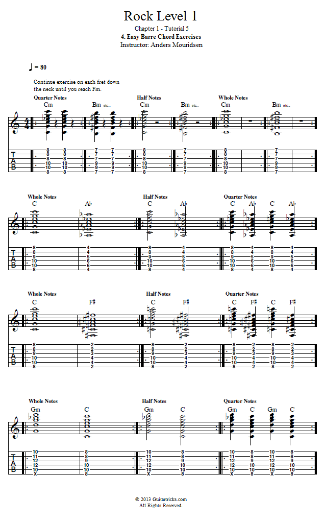Easy Barre Chord Exercises song notation