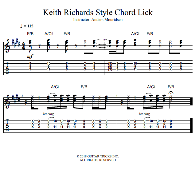 Keith Richards Style Chord Lick song notation