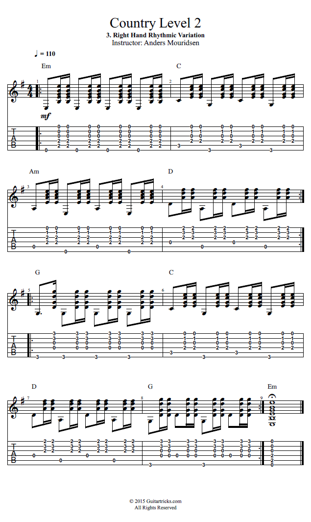 Right Hand Rhythmic Variation song notation