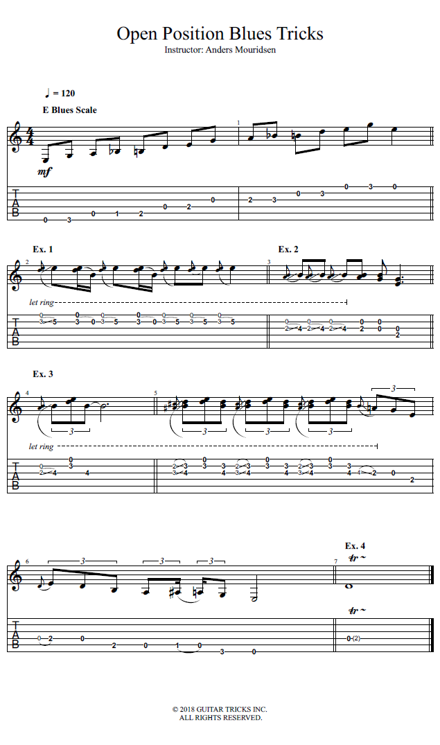 Open Position Blues Tricks song notation