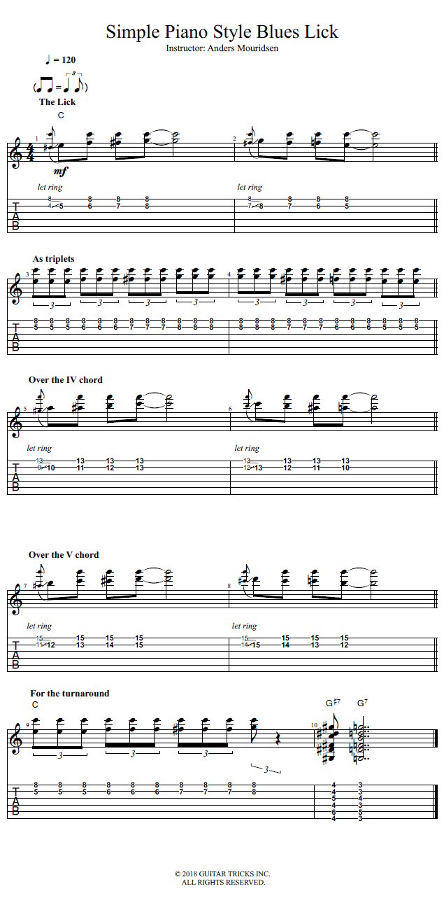 Simple Piano Style Blues Lick song notation