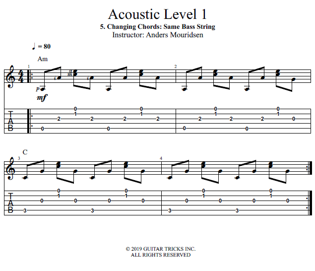 Changing Chords: Same Bass String song notation
