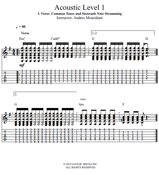 Verse: Common Tones and Sixteenth Note Strumming song notation