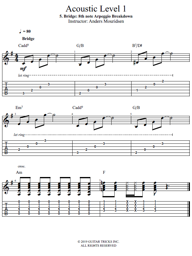 Bridge: 8th note Arpeggio Breakdown song notation