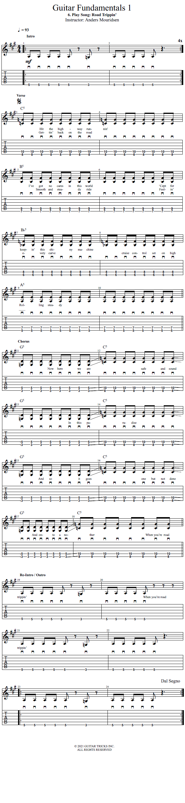 Play Song: Road Trippin' song notation