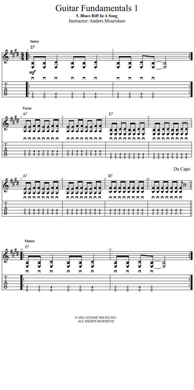 Blues Riff In A Song song notation