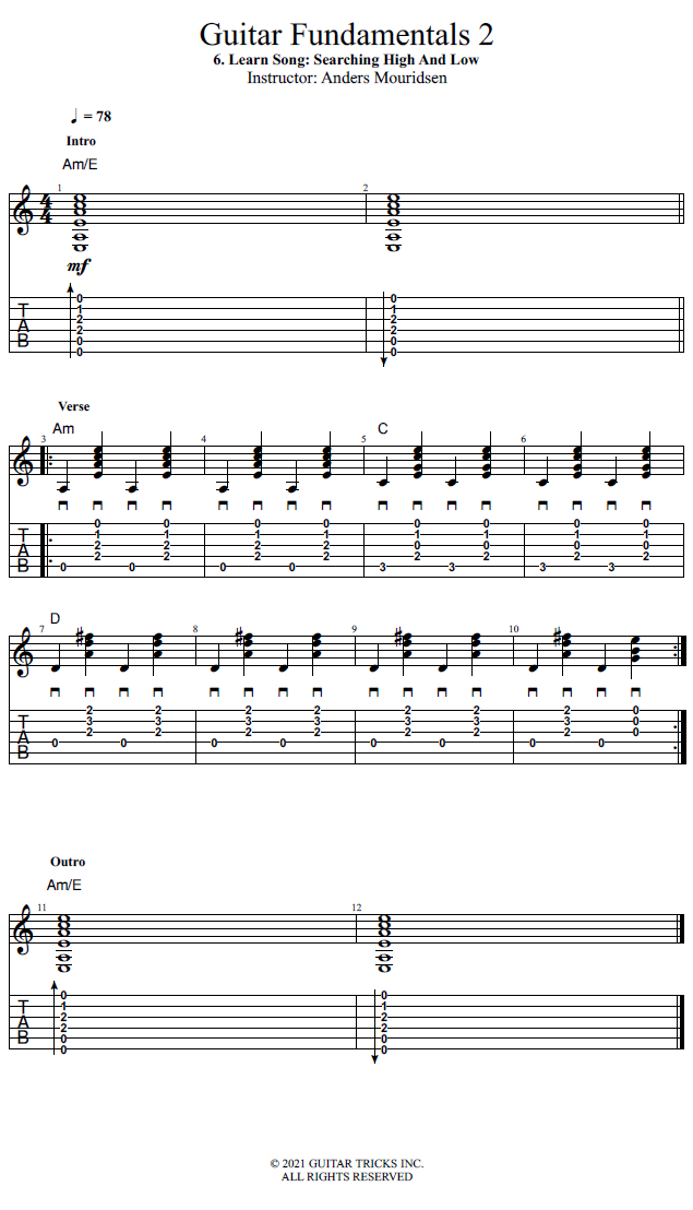 Learn Song: Searching High And Low song notation
